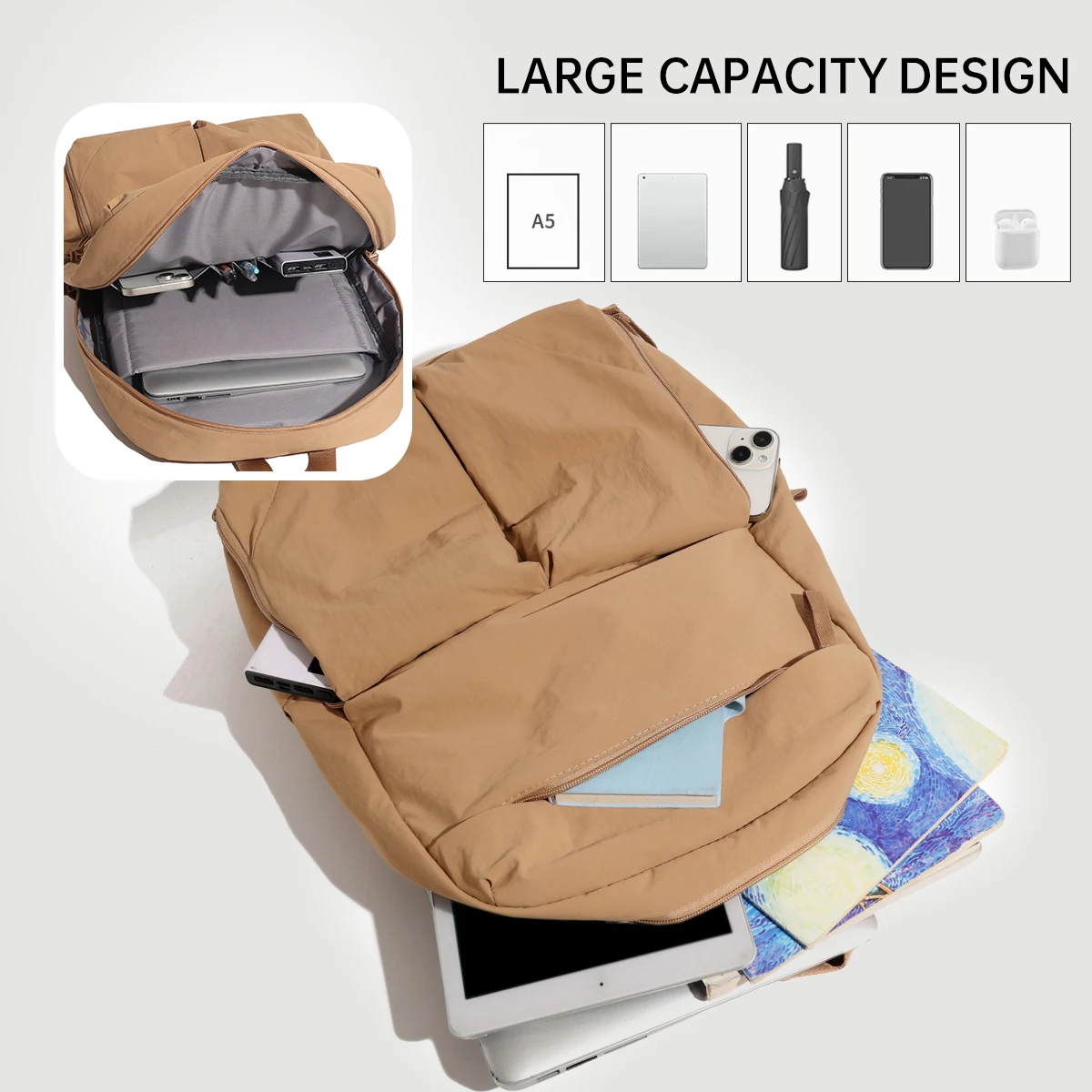 Solid Color Lightweight Large-Capacity Backpack Women's Mountaineering Bag Male College Student Bag Versatile Backpack Travel Bag Computer Bag Camping Outdoor Sports Hiking