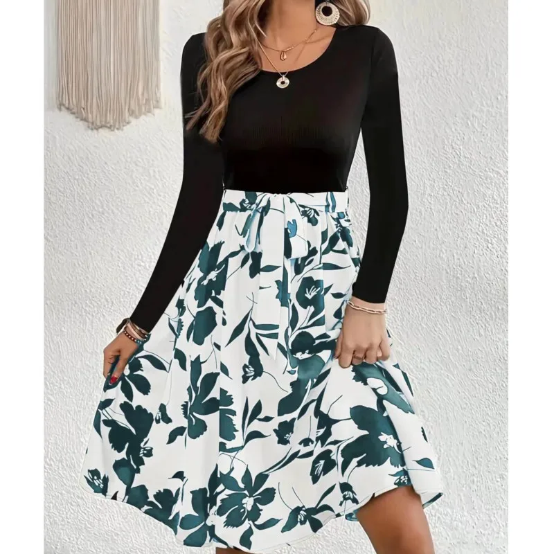 

Autumn And Winter New Women's Dress Fashion Casual Slim Fit Printed Round Neck Long Sleeve Lace Up Femme Wear Roupas Femininas