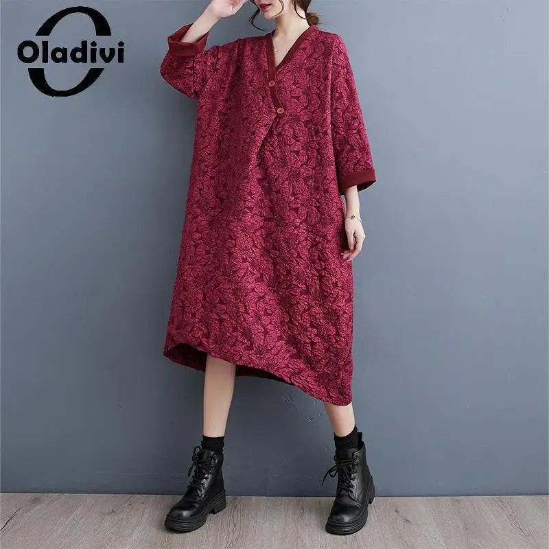 

Oladivi Long Sleeve Fashion Floral Oversized Dress Women's 2023 Spring Autumn Casual Loose Midi Dresses Long Tunic Robe 6XL 8086