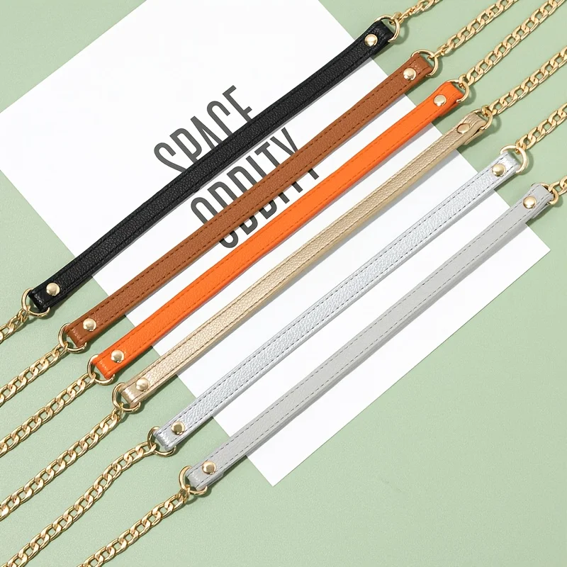 Elegant Gold Metal Chain with Black Leather Strap - Versatile Accessory with Square Safety Buckle for Handbags, Shoulder Bags, and Wallets