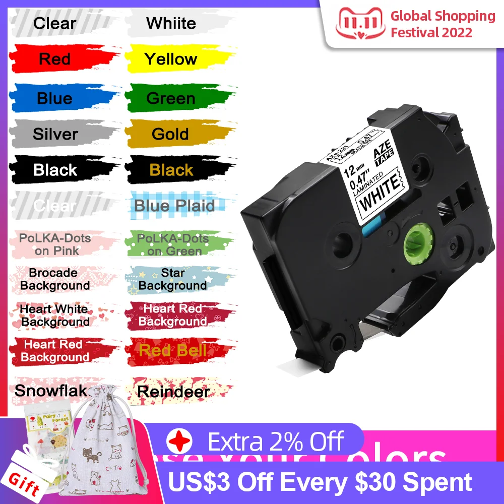 Compatible Label tape 12mm for Brother Label Printer tze631 tze231 tze131 for PTH110 PTP710BT PTD200 PTD210 PTH100 Label Tape