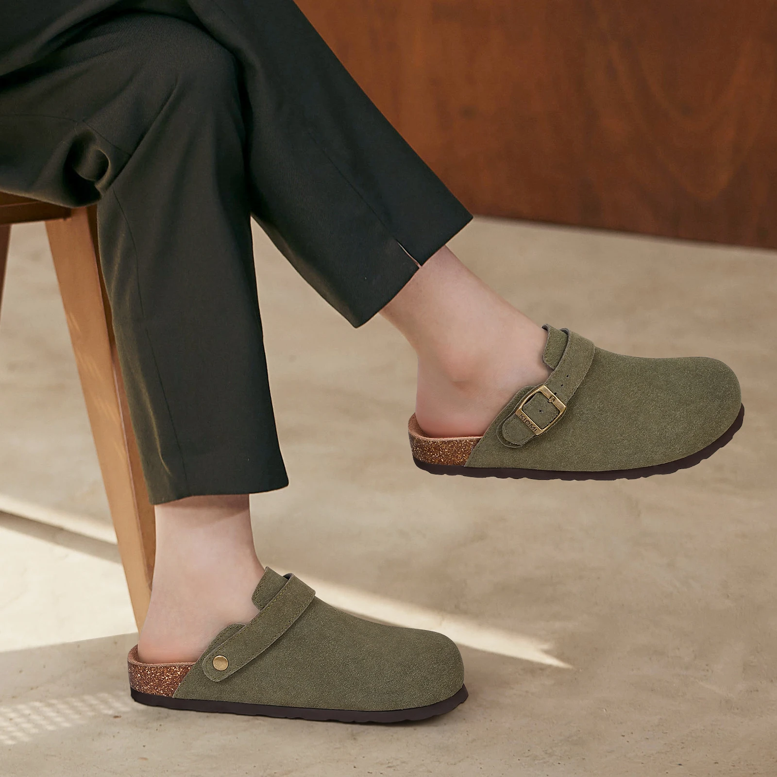 Litfun Suede Women's Clogs with Adjustable Strap Cork Footbed Leather Mules with Arch Support Unisex Outdoor Clogs Potato Shoes