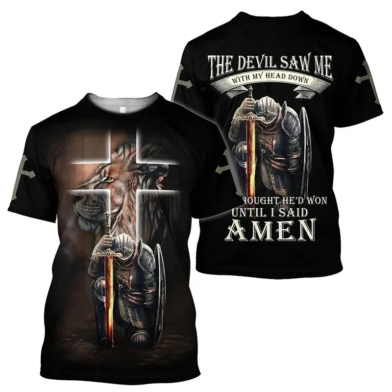 Jesus Cross Lion 3D Printed T-shirt Crusader Templar Men\'s Fashion Crew Neck Short Sleeve Handsome Personality Casual Daily Top
