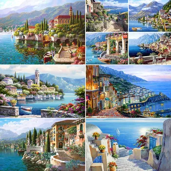 Meian Seaside Town Cross Stitch Kit – 11/14CT Embroidery Landscape 1