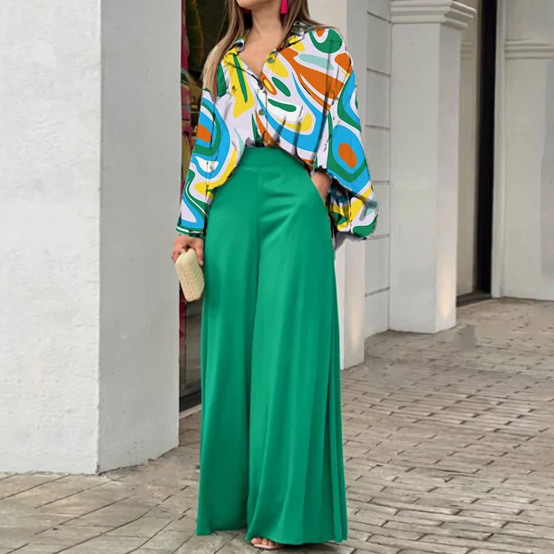 

Two Piece Sets Fashion Shirts Wide-leg Pants Sets Women Long Sleeve Printed Shirt Casual Loose Trousers Elegant Commute Clothes