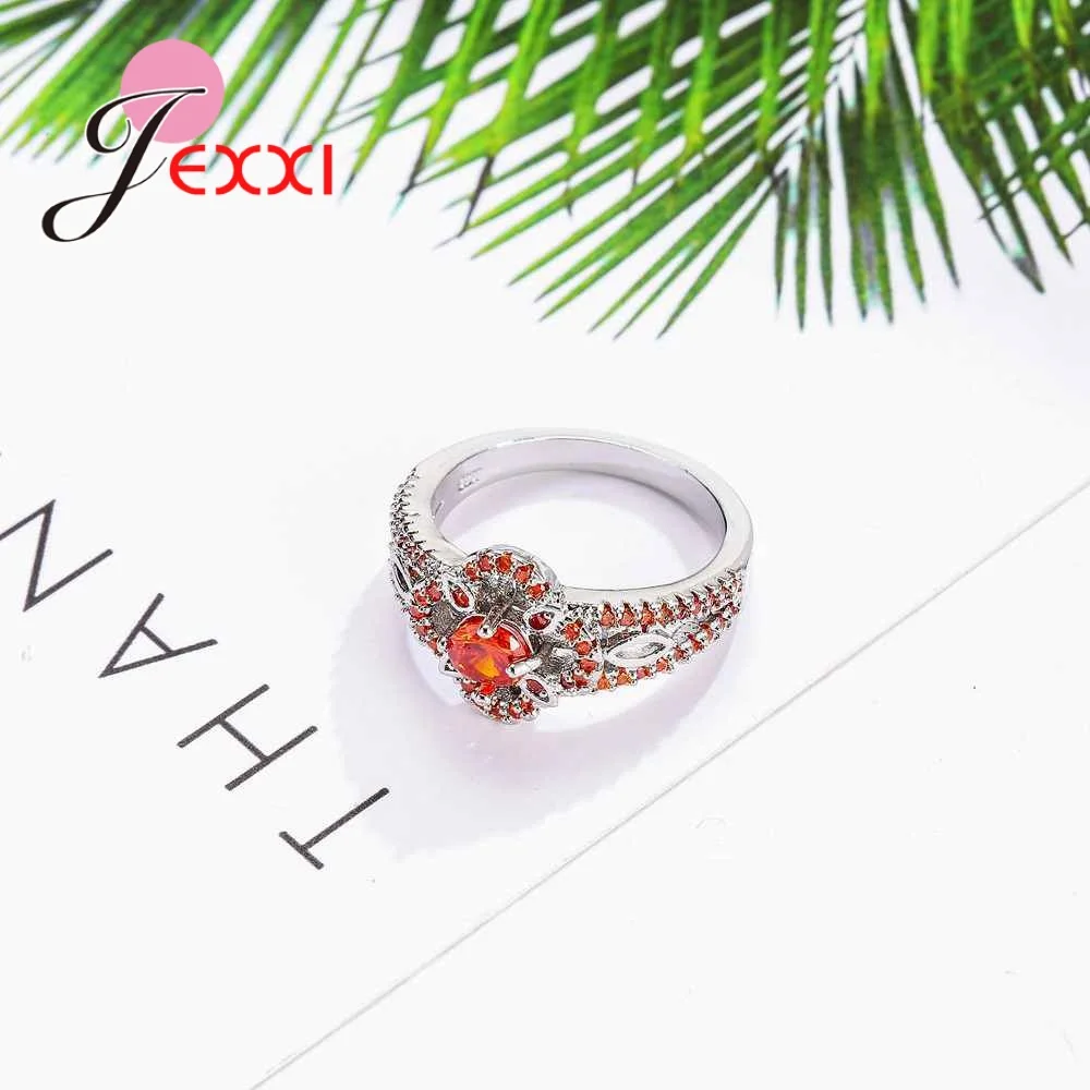 Pure 925 Sterling Silver Needle Jewelry Orange Crystal Bowknot Flower Ring for Ladies Girls Christmas Gift