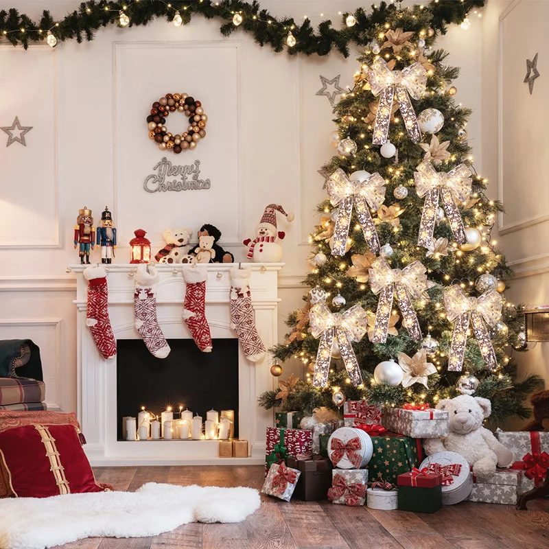 Xmas Tree LED Light Bow Ribbon Christmas Decorations For Home Tree Topper Hanging Ornament 2025 New Year Party DIY Gifts Craft