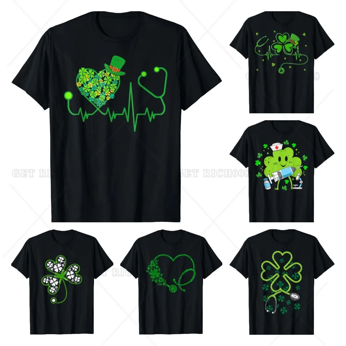 

Nurse St Patricks Day Stethoscope Heartbeat Clover T-Shirt for Men Women Casual Daily Four Seasons Tees Graphic T Shirts