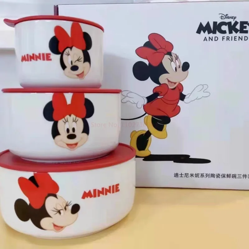 Disney Ceramic Bowl With Lid Microwave Oven Bowl 3 Pcs Student Thicken Lunch Box