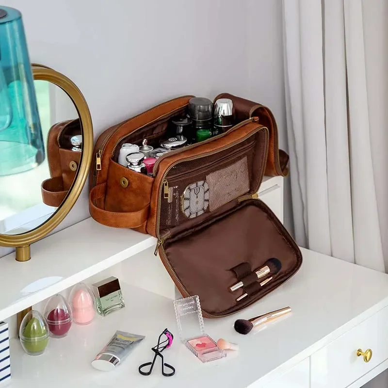 Nécessaire De Voyage En Cuir Marron - Trousse De Toilette Homme Dopp Kit