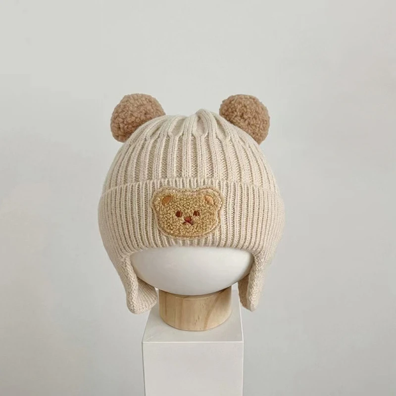 Winter Baby Beanie Cap Cartoon Bear Ear Protection Knitted Hat for Toddler Boys Girls Cute Korean Warm Kids Crochet Hats Gorros