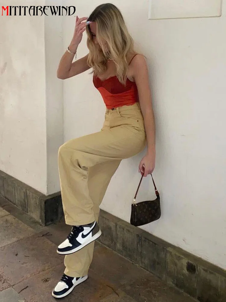 

High Waist Denim Pants Women Solid Color Casual Loose Straight Streetwear Khaki Black Wide Leg Pants Cotton Drape Denim Trousers