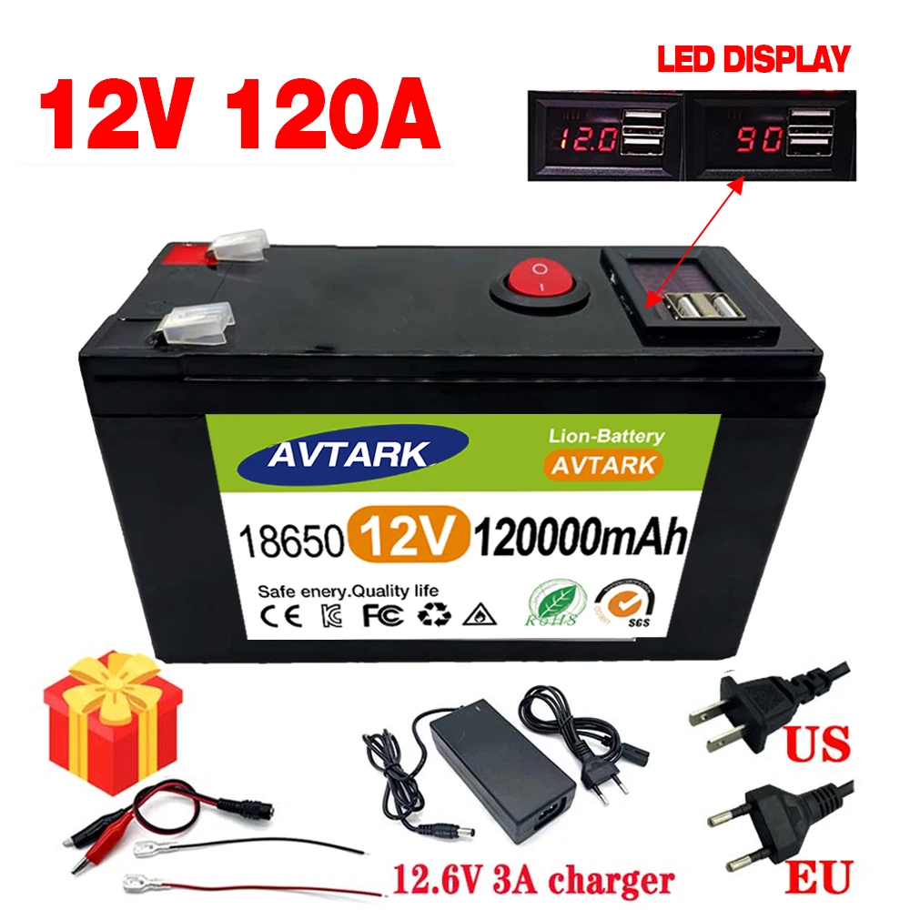 LiFePO4 Litiumbatteri 12V 120Ah Oppladbart med 5V 2.1A Usb Power Display Port
