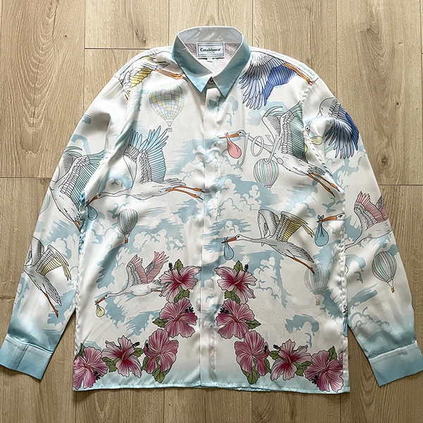 

Casablanca Shirt Men Women Long Sleeve Hawaii Beach Hawaiian Crane Print Silk Shirts For Men y2k