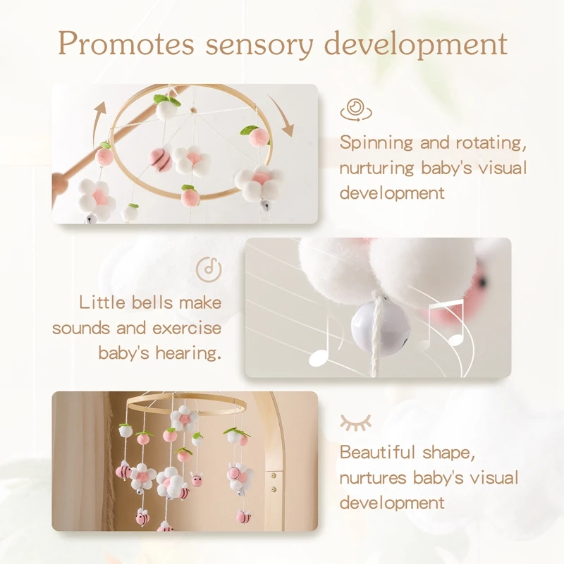 Baby Crib Bed Bell Rattle Toy 0-12 Months Wooden Mobile Cartoon Bee Bed Bell Hanging Toy Holder Bracket