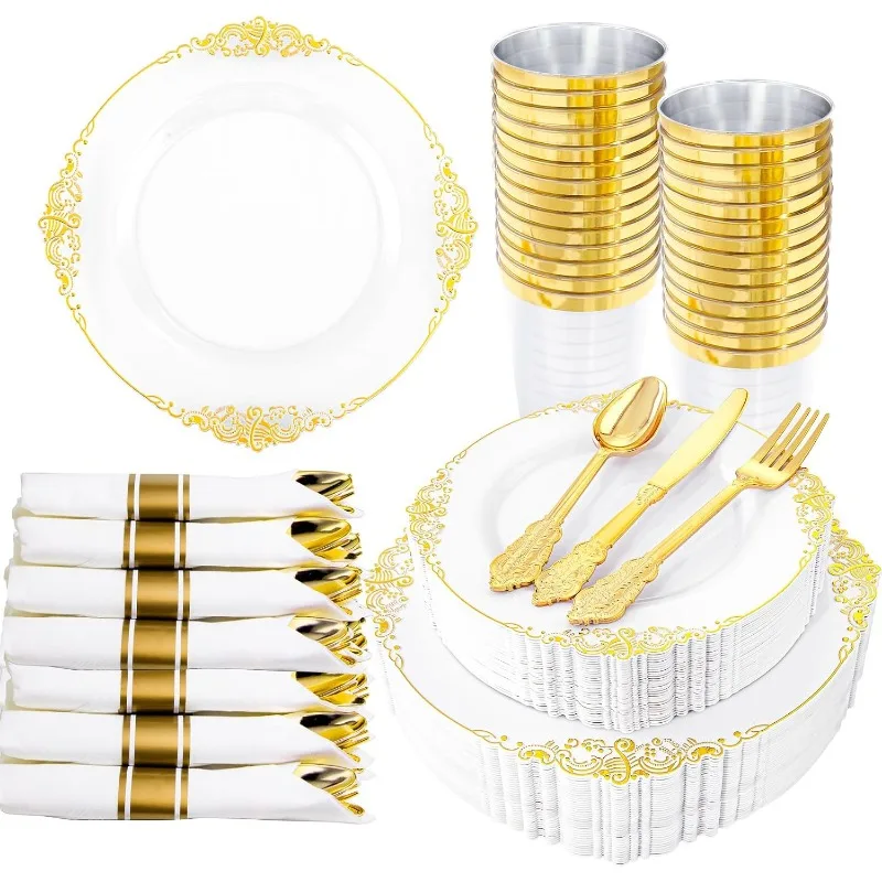 350PCS White and Gold Plastic Plates & Gold Plastic Silverware&Disposable Dinnerware Set-Include 50Dinner Plates