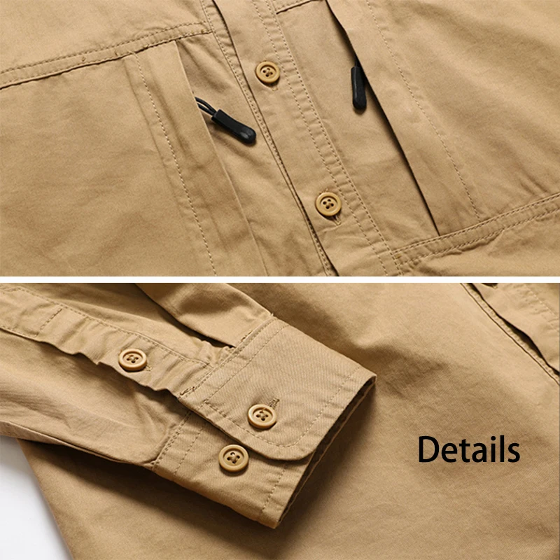 Men's Tactical Hiking Long Sleeve Shirt Big Pocket Cargo Button Up Shirt mens t shirts