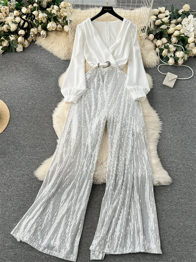 SINGREINY Senior Sqeuins Patchwork Long Jumpsuit V Neck Belt
