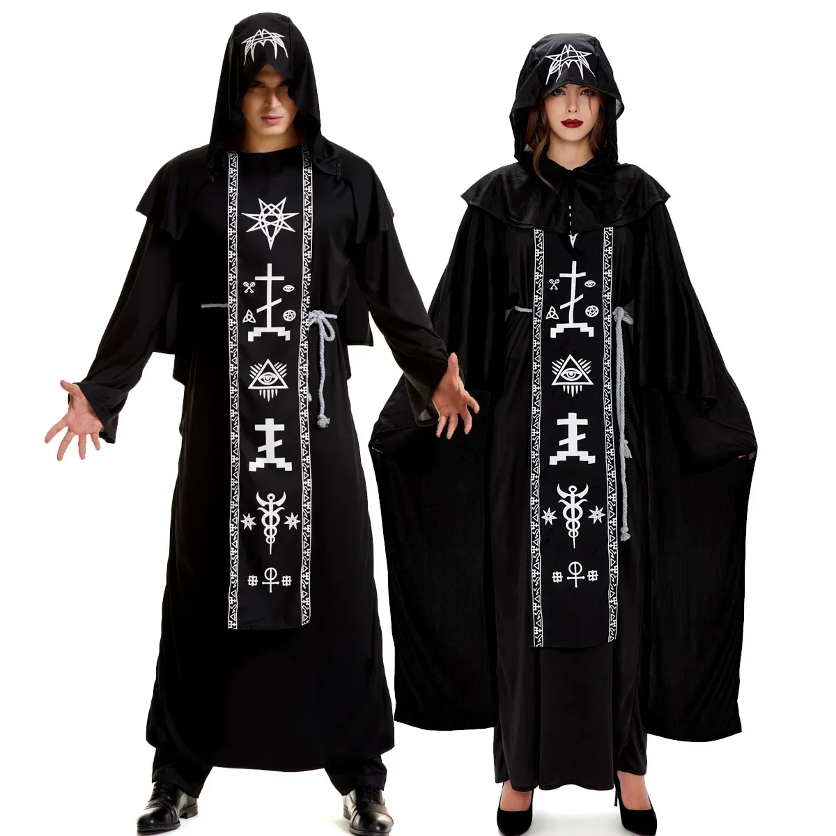 

Adult Medieval Magician Robe Cosplay Costume for Men Women Black Hooded Scary Witch Devil Role Play Costume For Halloween Party
