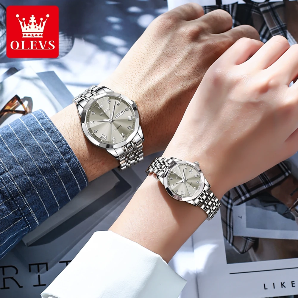 OLEVS Couple Watches Fashion Trend Original Quartz His and her Watch Wateproof Luminous Date Week Lover's Anniversary Gift New