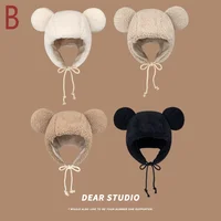 women's winter hat 2021 Fashion Solid Beanies Cute Bear Ears Warm Hat Windproof Cap Earflap hat Lamb hair Cap Female Hat Present 5