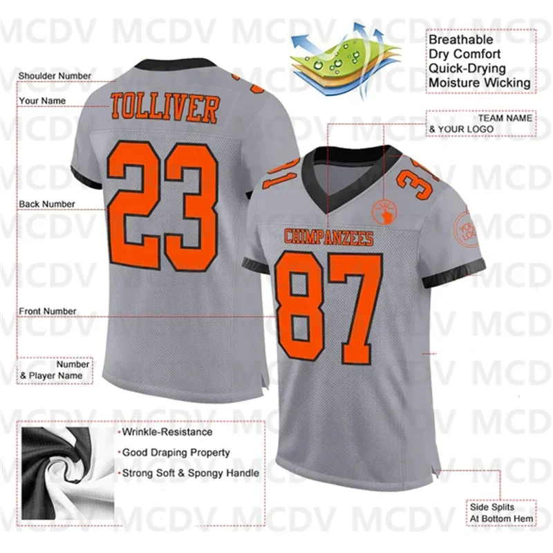 

Custom Gray Orange-Black Mesh Authentic Football Jersey Short Sleeves Athletic Tee Shirts Unisex Top streetwear