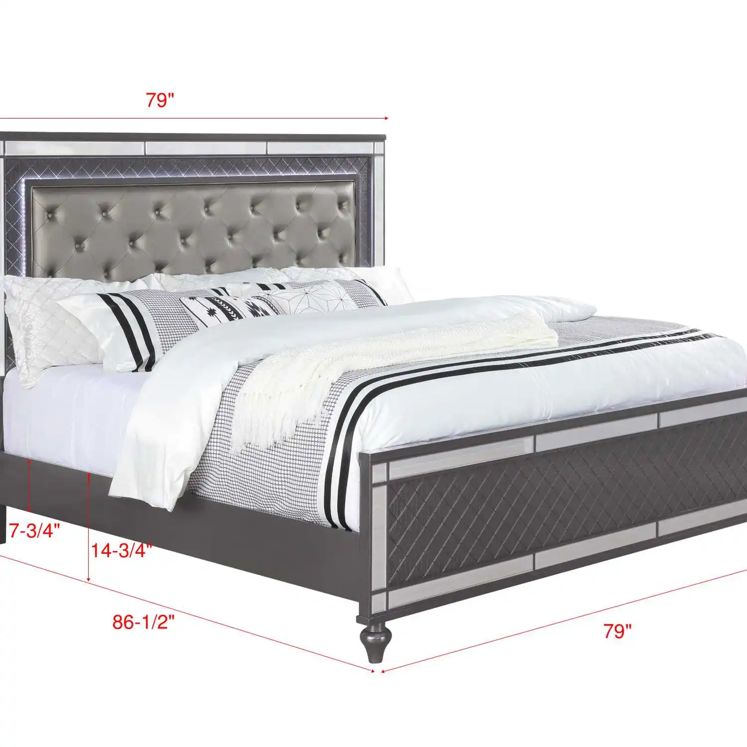 Modern Glam Style Upholstered Headboard Button Tufting Glass Inlay 1pc King Size Panel LED Lights Bed Gray Faux Leather Finish S 4