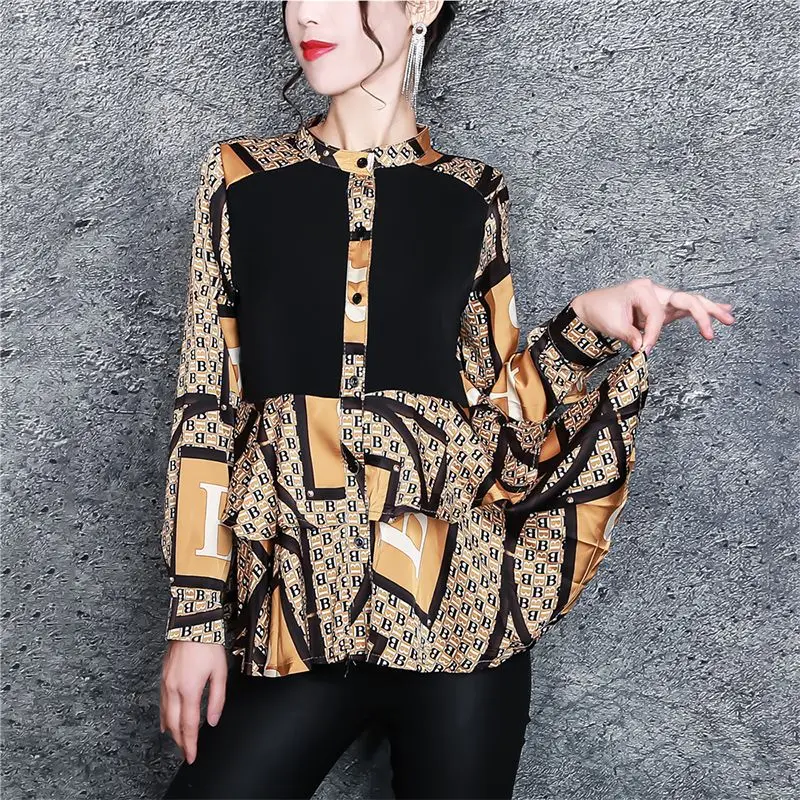 

Elegant Stand Collar Button Spliced Printed Shirt Women's Clothing 2022 Autumn New Loose Casual Tops Stylish Office Lady Blouse