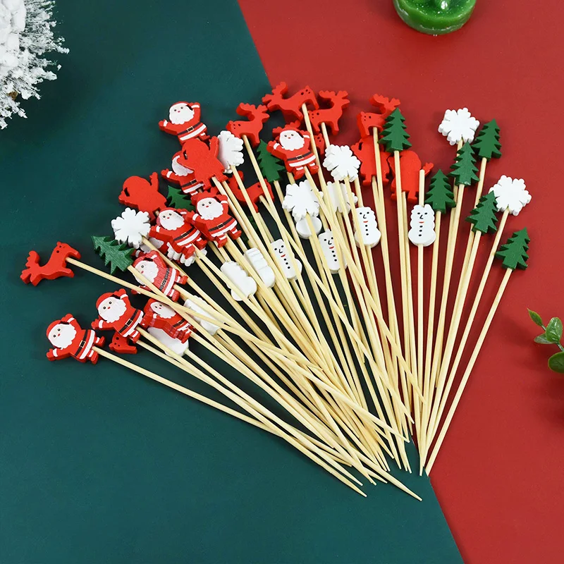 

100pcs Christmas Bamboo Skewer Cocktail Food Picks Dessert Buffet Fruit Salad Fork Cake Muffin Party Vegetable Sticks Toothpicks