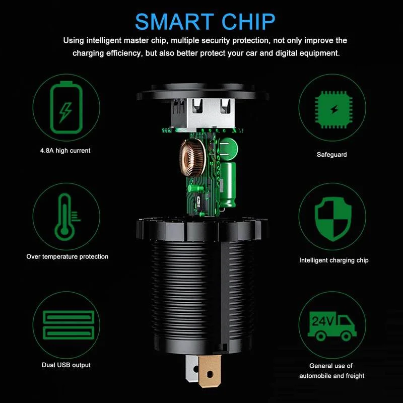 Dual USB Car Charger Socket with Quick Charge 3.0 and Touch Switch - Waterproof Fast Charging Power Outlet
