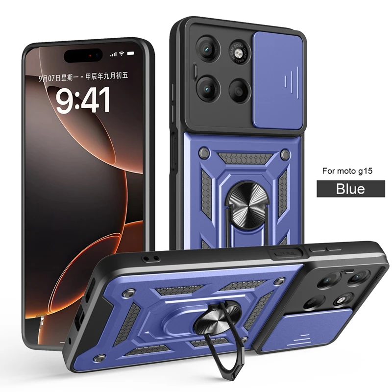 Durable Shockproof Case with Magnetic Ring Stand and Slide Lens Cover