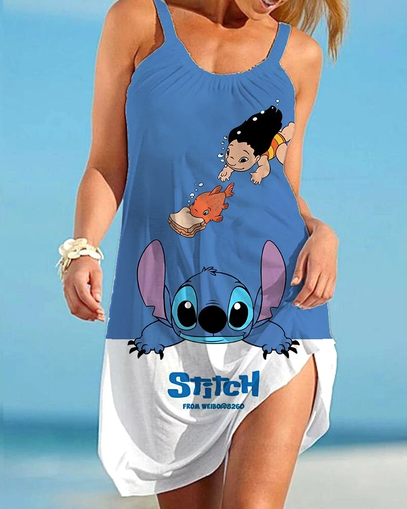 

Women's Beach Dress Disney Stitch Cartoon Women's Dress 2023 Summer Fashion Sling Print Sexy Skinny Seaside Casual Oversized