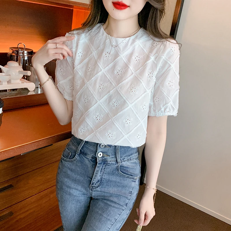 

New elegant embroidery ladies shirts Fashion Women's Blouses 2023 Spring Summer short Sleeve Shirts Tops Blusas Mujer