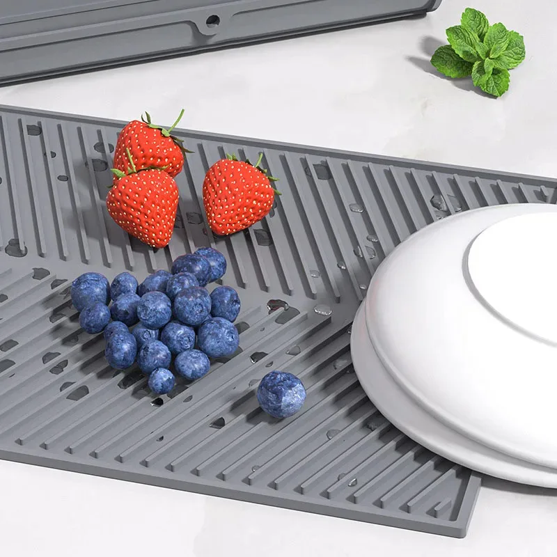 Silicone Draining Board Mat Drying Pad Folding Heat Machine Mat Raised Edges Countertop Mats Dish Kitchen Pot Cup