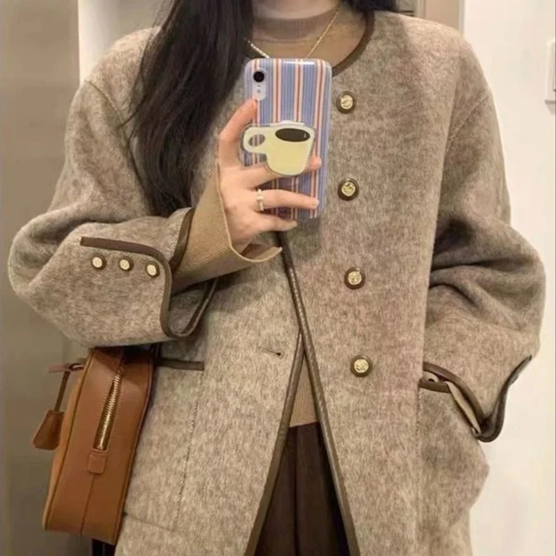 Wool Blend Coat for Women Short Plain Half Long Sleeve Elegant Mixtures Jacket Woman Fashion 2025 Winter Clothes Single Cheap - 4