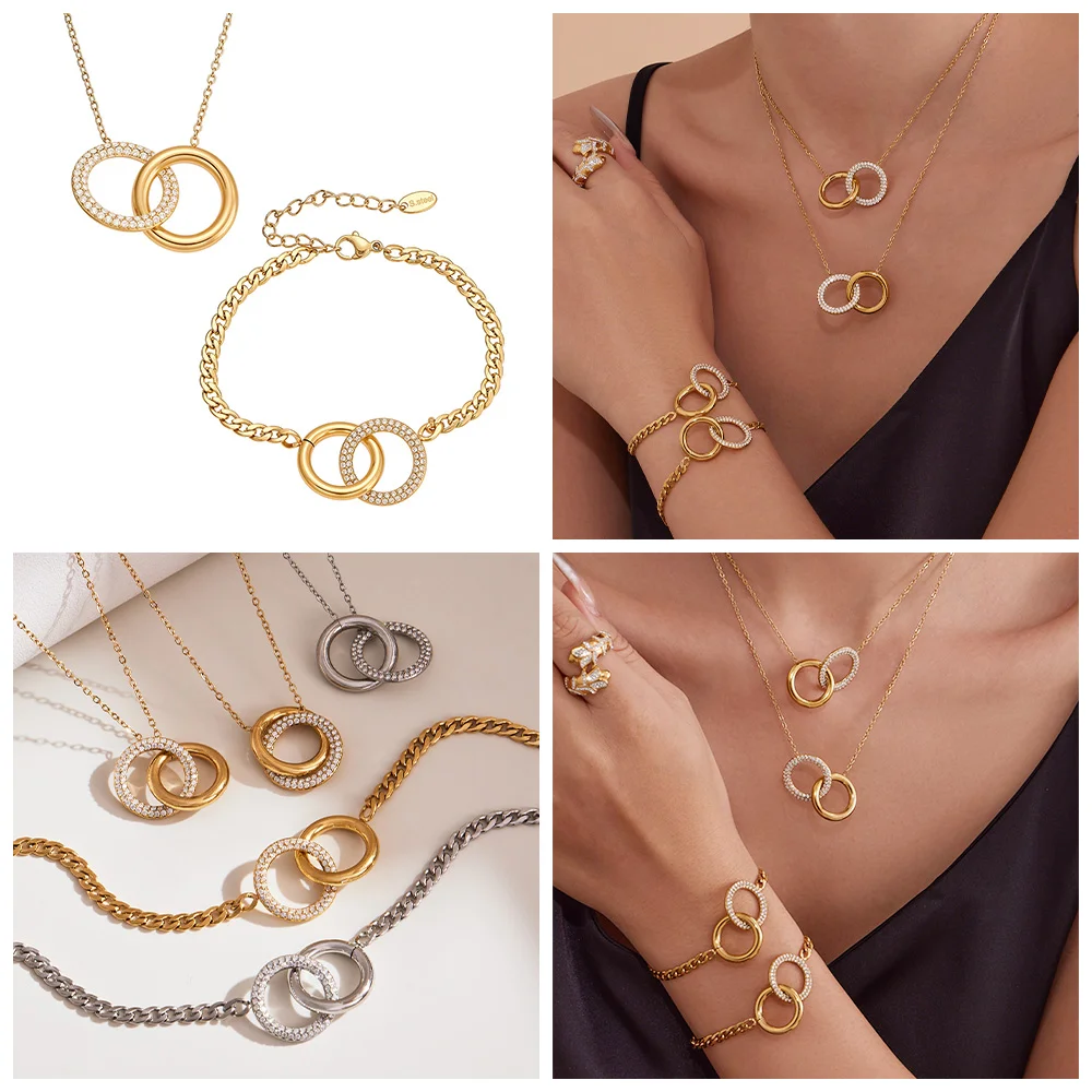 Goldene Silber glänzende Zirkon Doppelring Anhänger Halskette Damen Edelstahl vergoldet Kette Armband Luxus Schmuckset – Detail 3