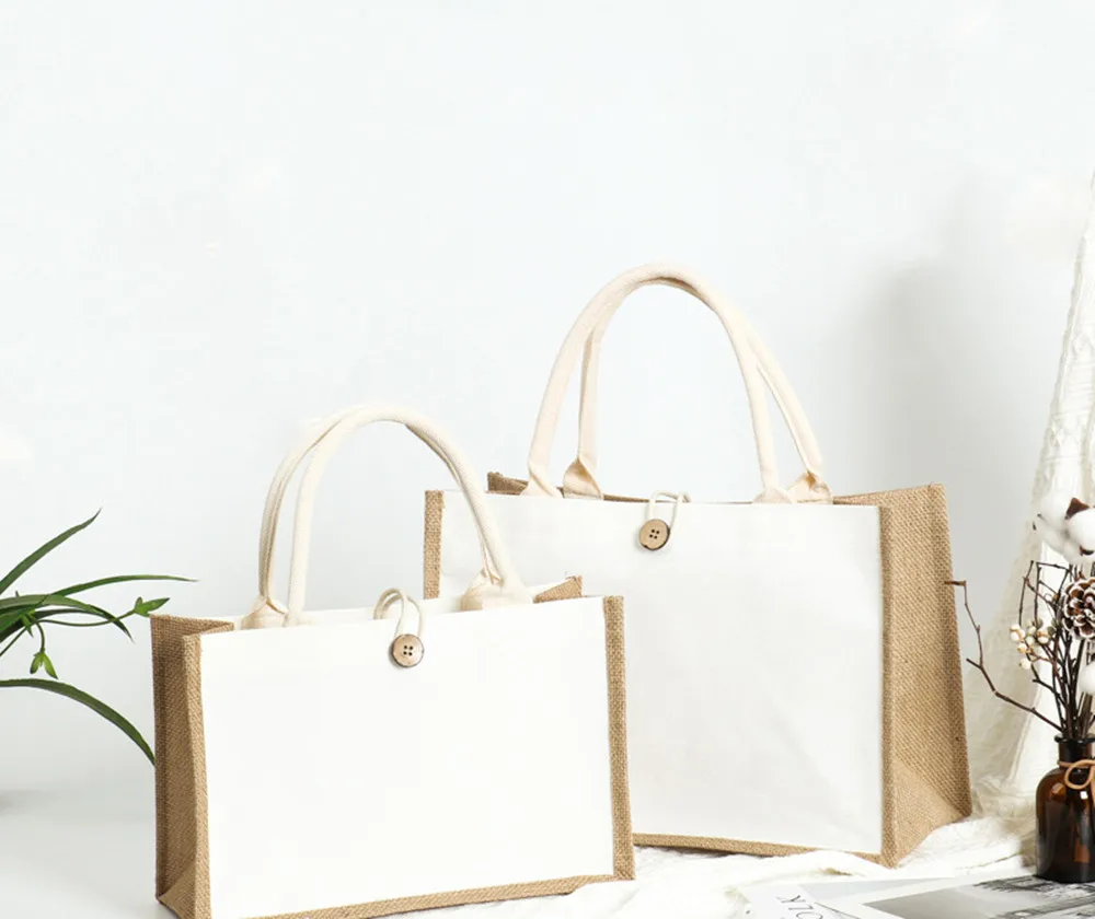 

White Tote Bag With Button Eco Reusable DIY Blank Shopping Bags Reusable Grocery Bags Large Capacity Jute Burlap Handbag