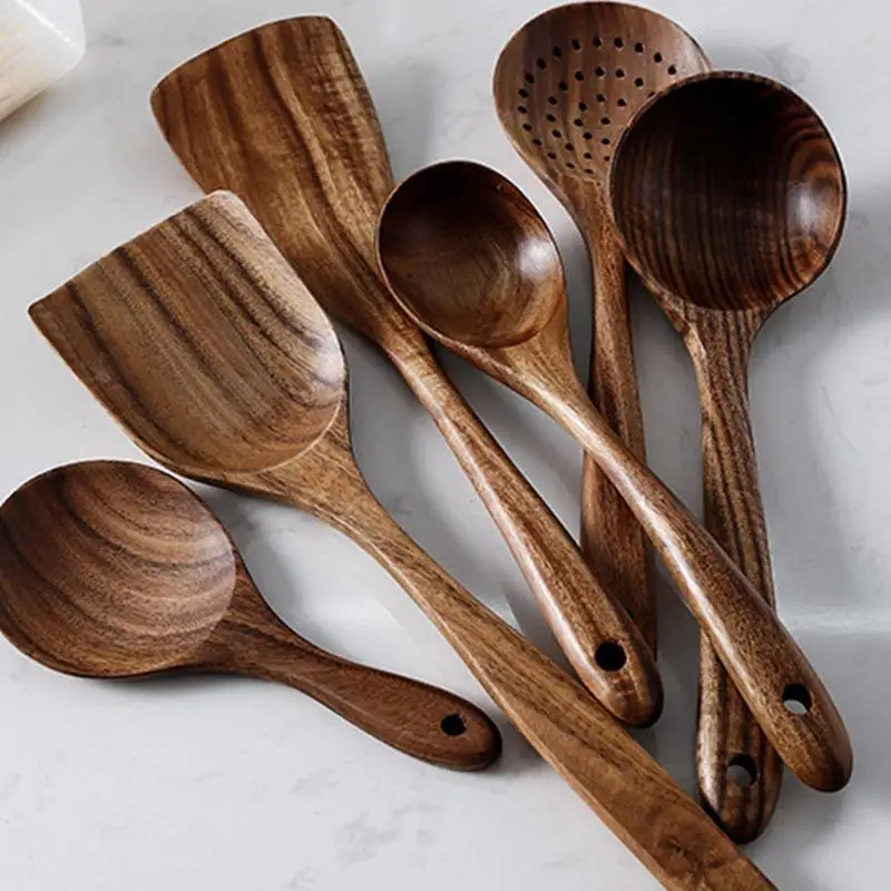 4PCS wooden Cooking Spoons Natural Wooden Kitchen Tableware Tool Soup Spoon Colander spoon Spatula Thin Spatula or Fork Utensils