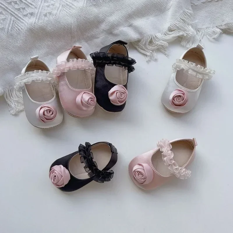 0-2Years Spring New Girl Cute Lace Walking Shoes Korean Anti Slip Breathable Soft Sole Satin Rose Ballet Style Princess Shoes 4