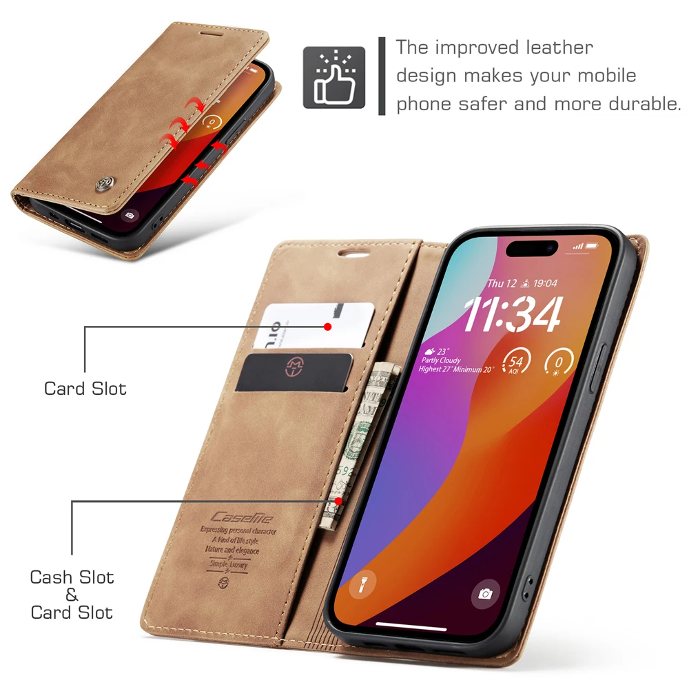 Phone Case for iPhone 15 14 13 12 Pro Max Magnetic Flip Retro Leather Wallet Card Holder Cover Funda iPhone 15 Plus Cases Coque