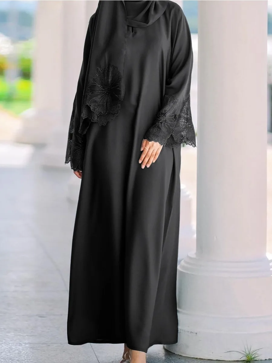 Ramadan Women Eid Muslim Abaya Party Dress with Scarf Lace