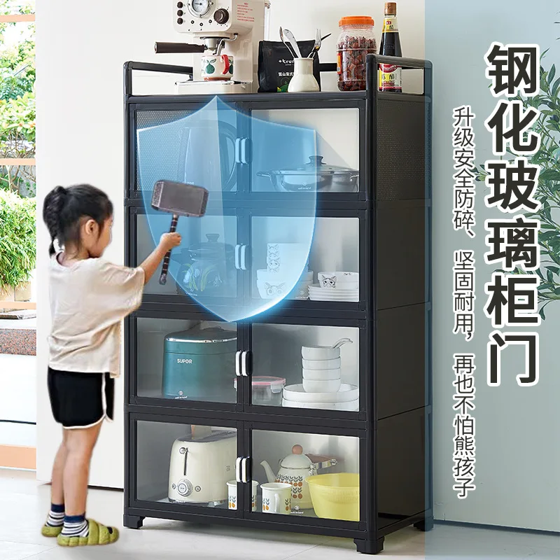 Modern Dining Room Sideboard Tempered Glass Doors and Aluminum Alloy Frame Spacious Storage Cabinet for Kitchen or Living Room