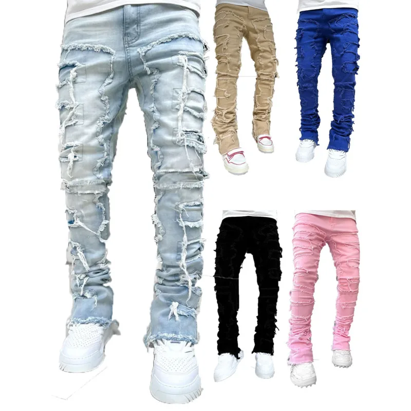High Street Stretch Patchwork Jeans Y2k Tassel Straight Denim Trousers Hip Hop Retro Jeans Casual Pencil Pants For Men