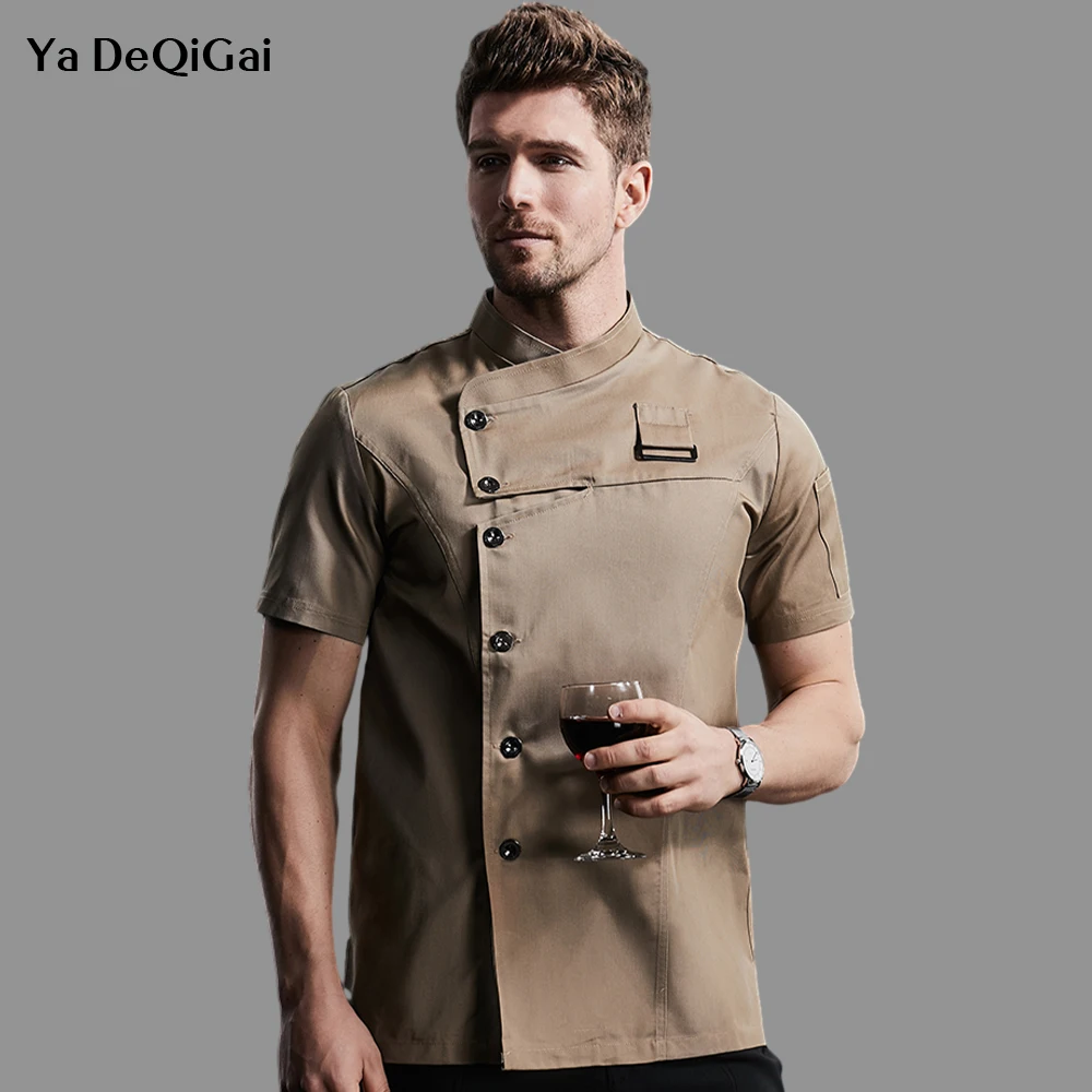 Uniforme caqui para Catering, ropa de trabajo, camisas para la cabeza, abrigo de cocina, chaqueta de Chef, restaurante, barbería, camisa de camarero, delantal de verano