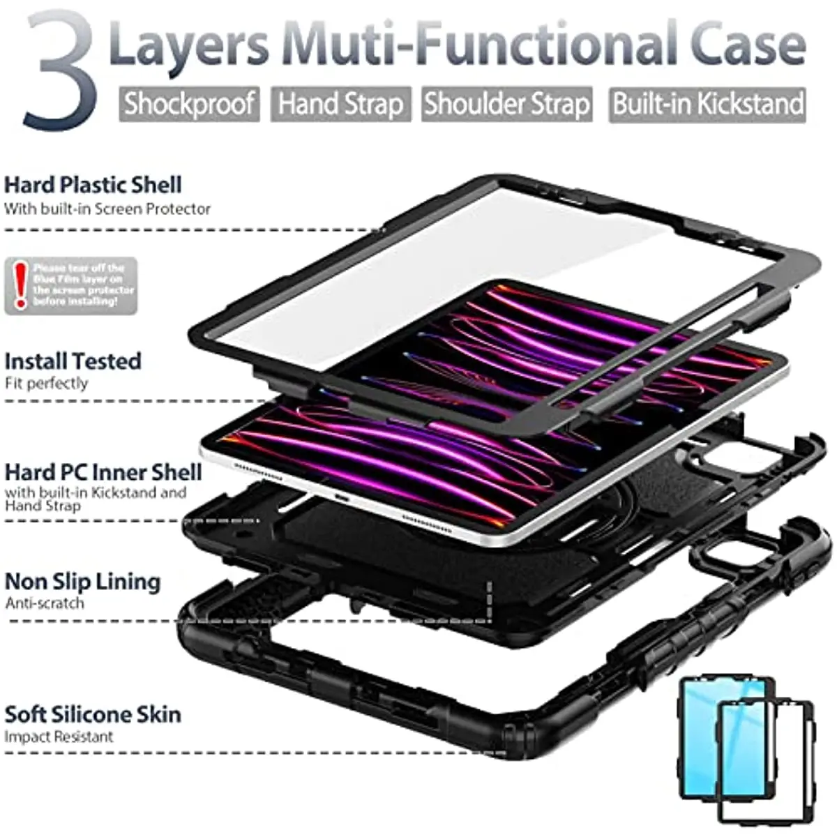 Capa à Prova de Choque Kickstand para Ipad Pro Ipad Pro 11 12.9 m2 2023 2023 2023 Ipad 12.9 Pro Pet Screen Protector Alça de Ombro - Imagem 5