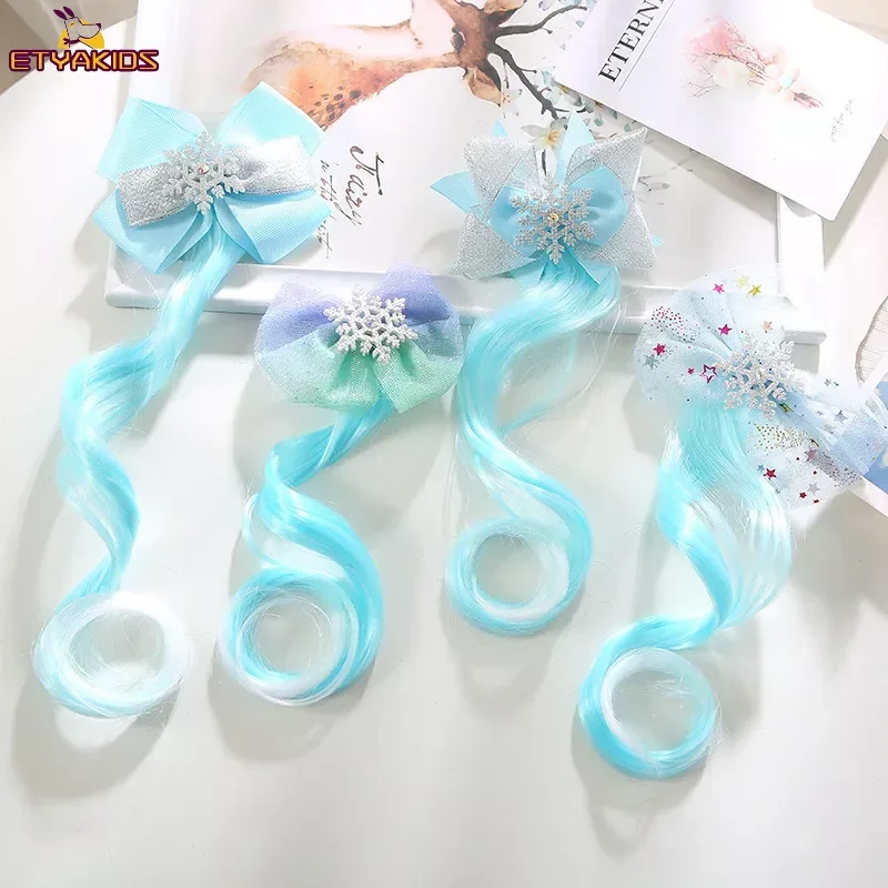 

New Colorful Wigs Hairclip Ponytail Holder Princess Bowknot Bows Braid Kids Headwear Party Ornament Hair Accessories Girls Gift