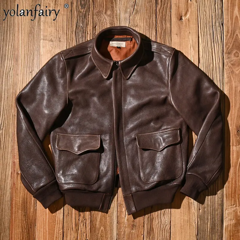 

Men's Leather Jacket Men Vintage Heavyweight 2.0 Thick Full-grain Top Layer Cowhide A2 Jacket Male Real Leather Coat Large FCY