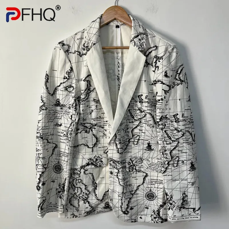 

PFHQ Men's Only L Size Hand-painted Map Blazers Niche Handsome Trend Designer Personalized Linen Print Autumn Suit Coat 21Z2591