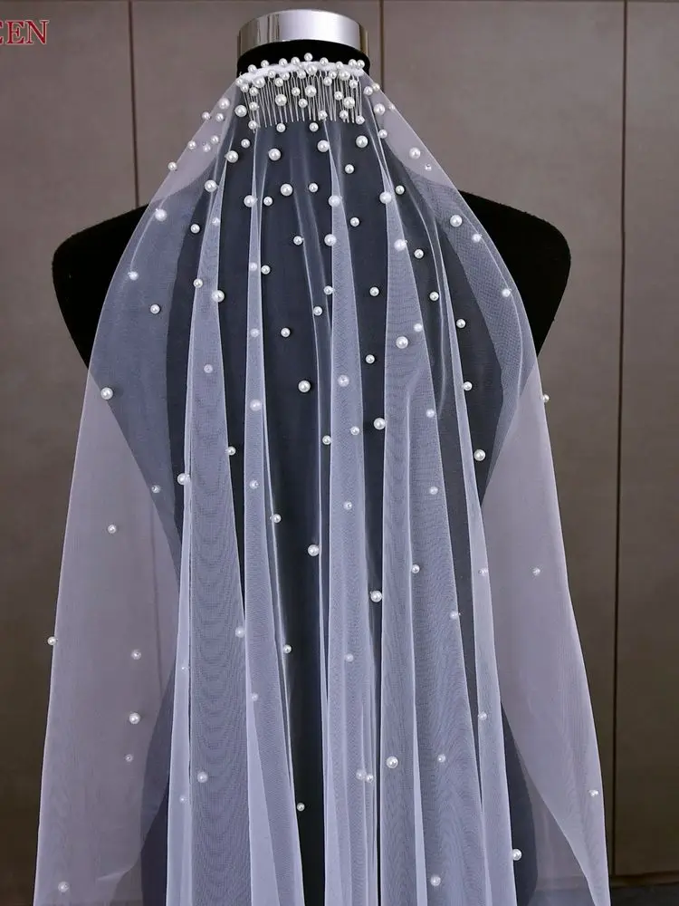 Bridal Veil Elegant Pearls 1 Tier Beaded Wedding Veil For Bride Simple Cathedral Length With Comb v180