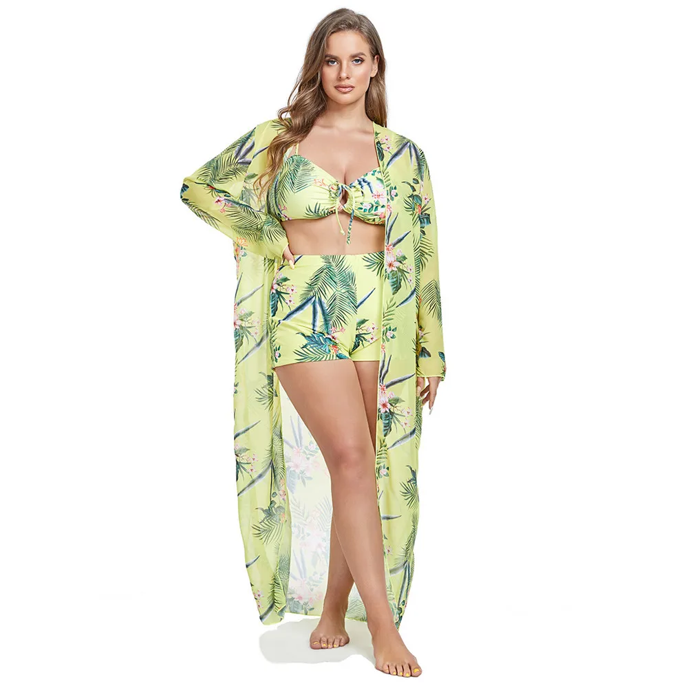 Swimsuit bikini printed beach sun protection blouse swimsuit three-piece suit summer beach holiday swimsuit sun protection